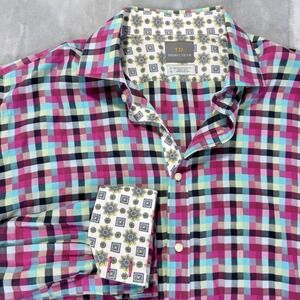 Thomas Dean Mens XL Plaid Button Down Shirt Long Sleeve 100% Cotton Pink Blue
